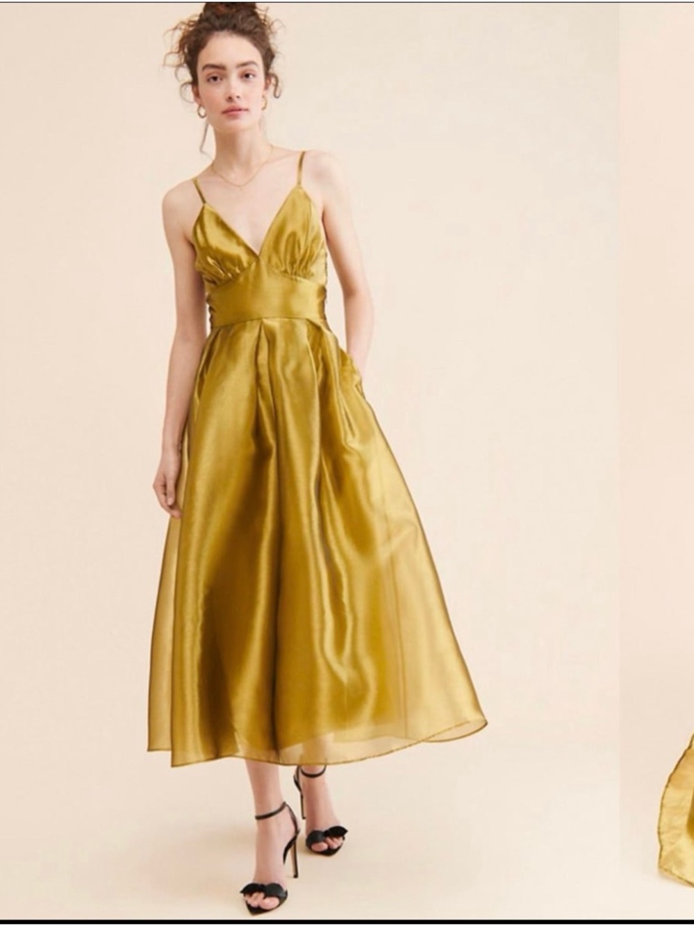 Anthropologie Olive-Gold Satin Midi Dress